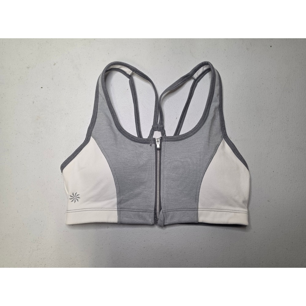 Athleta Womens Gray White Front Zip Strappy Racerback Sports Bra Size S